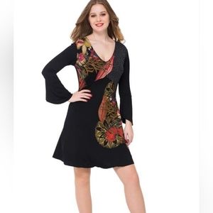 New Desigual Black V-neck Bell Sleeve Graphic Fit And Flare Dress Size Large